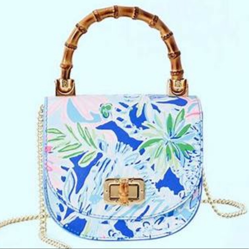 New without out tags Lilly Pulitzer Blue Floral Shoulder Bag with Bamboo Handle